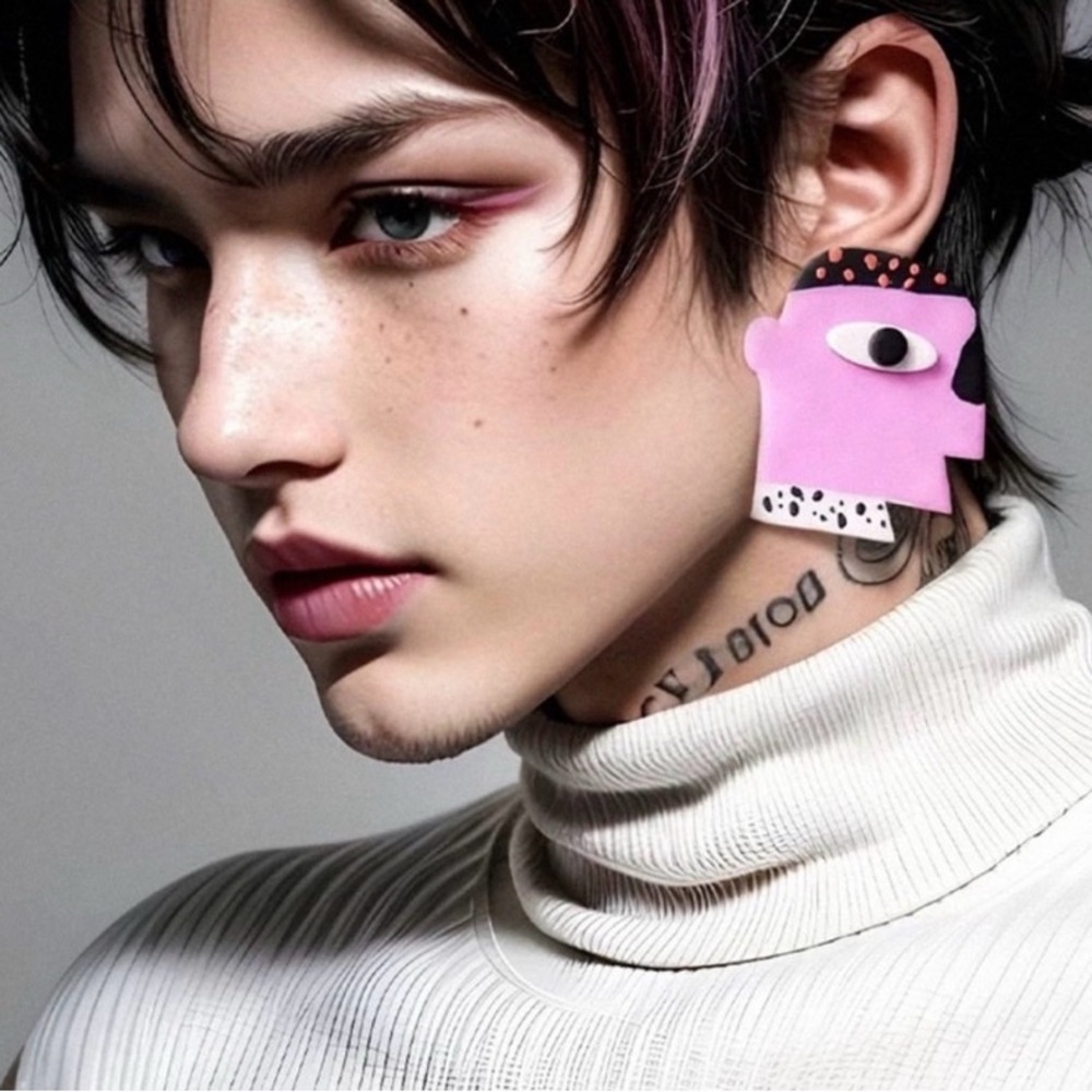 Artistic Pink Abstract Face Statement Earring - Women Accessories